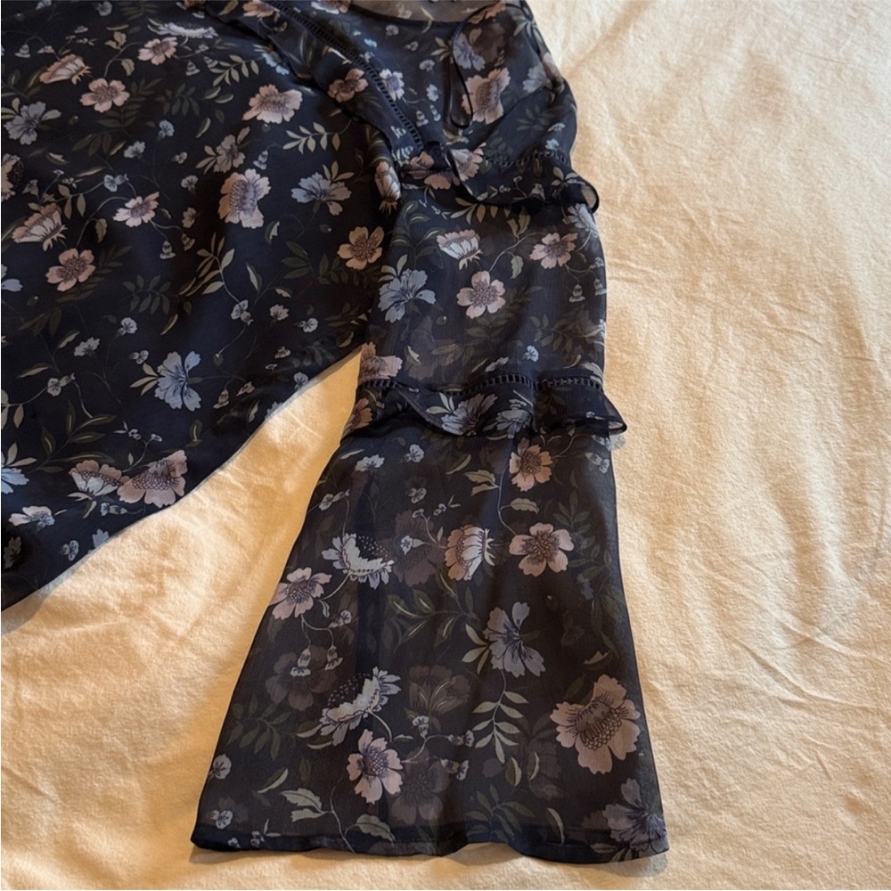 CeCe Black Floral Ruffle Bell-Sleeve Blouse - Picture 4 of 8